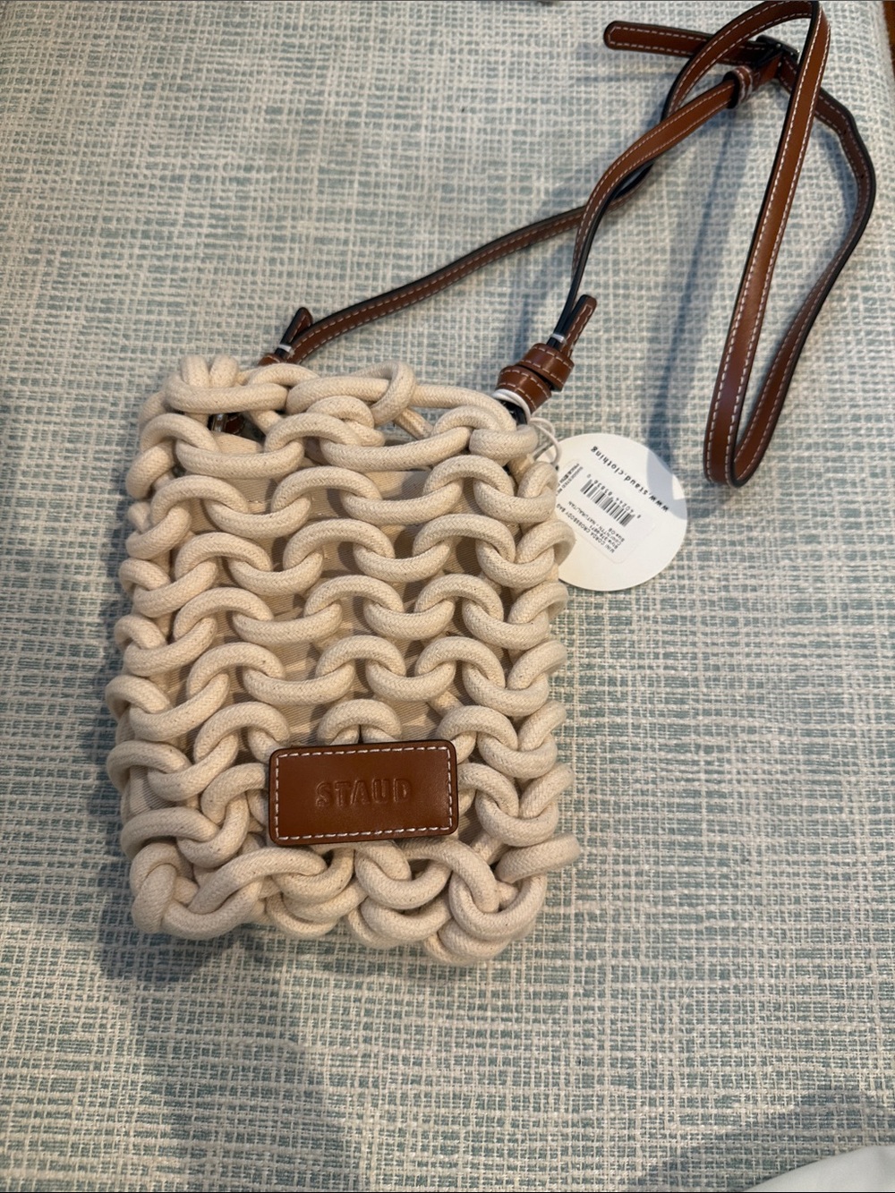 STAUD Cream Knitted Corda Crossbody with Brown Leather Strap